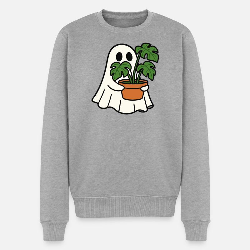 Fantôme mignon avec plante Monstera - Pull Premium bio Homme - gris chiné