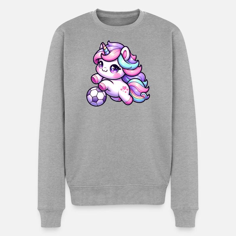 Kawaii Einhorn Fussball Regenbogen Kick - Männer Premium Bio Pullover - Grau meliert