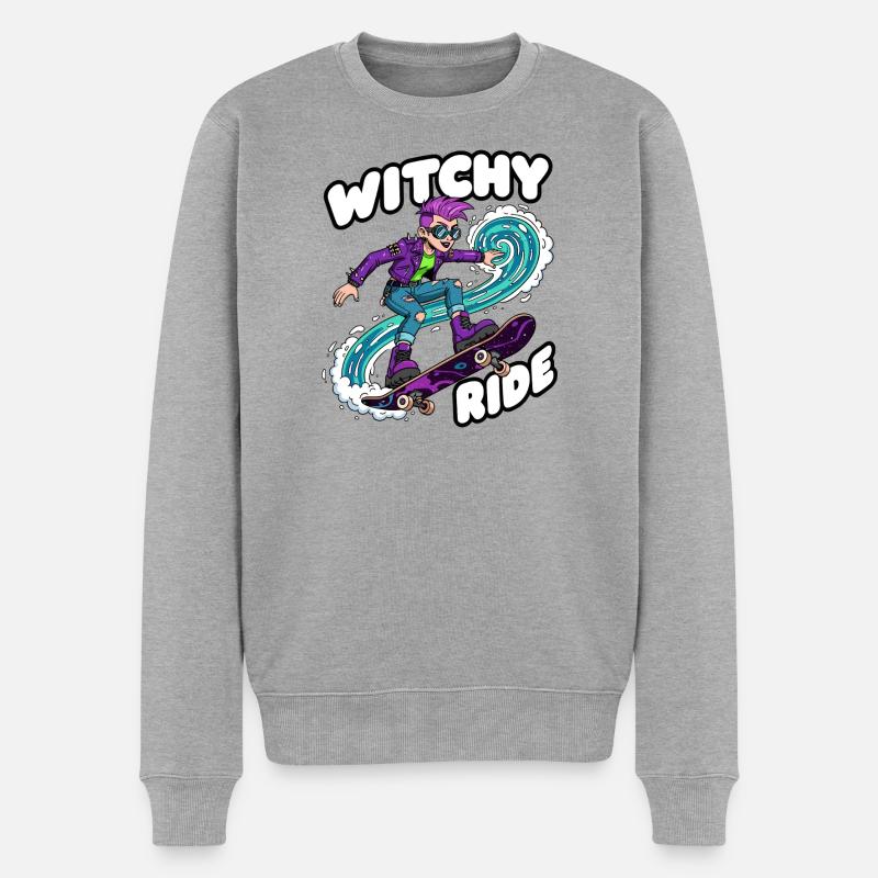 Witchy Ride Skateboard-Animation - Männer Premium Bio Pullover - Grau meliert