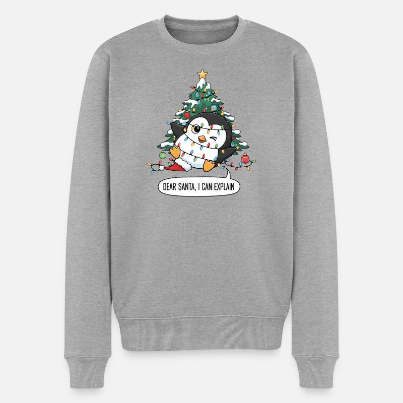 Tollpatschiger Pinguin Weihnachtsbaum Lichterkette - Männer Premium Bio Pullover - Grau meliert