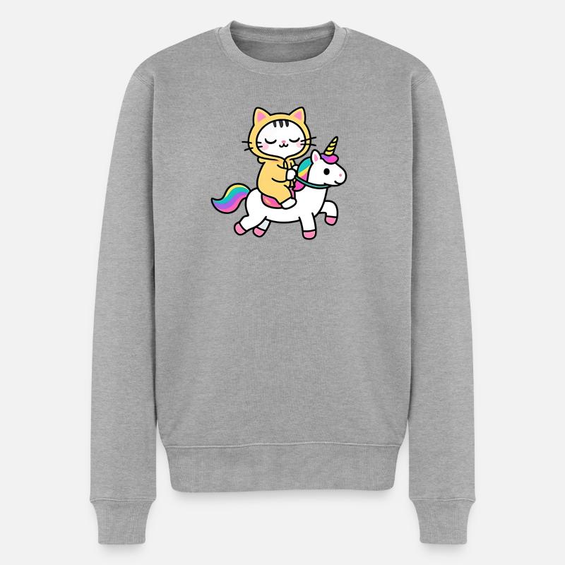 Katze auf einem Regenbogen-Einhorn - Männer Premium Bio Pullover - Grau meliert