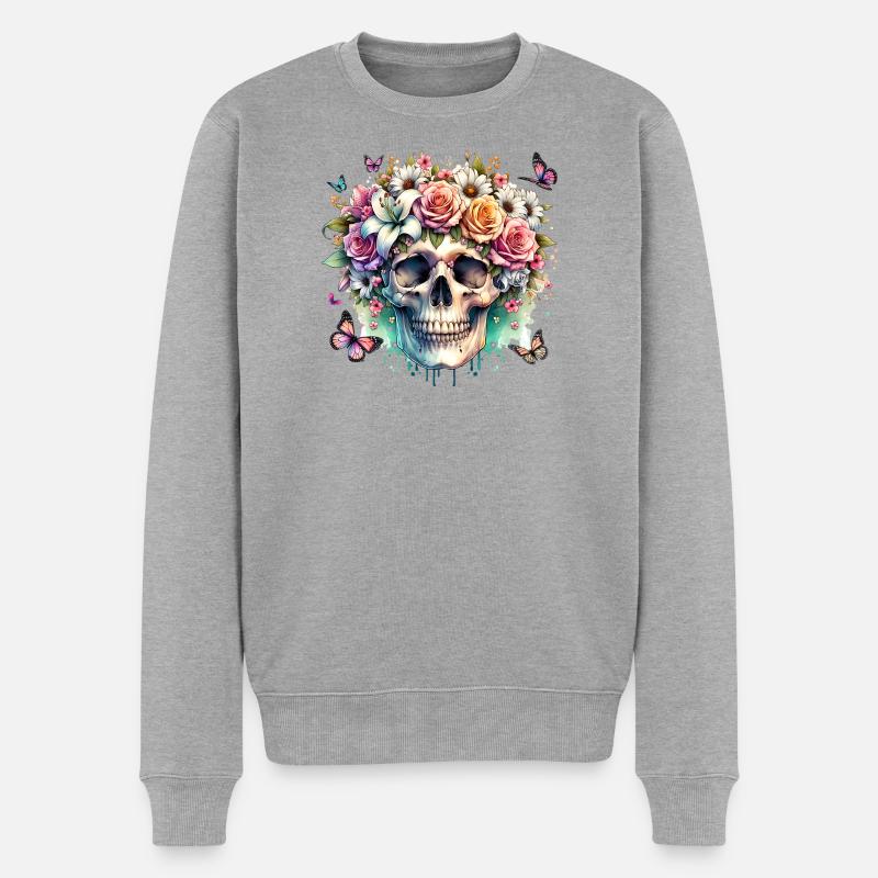Blumen Schädel Schönheit Blühen - Männer Premium Bio Pullover - Grau meliert