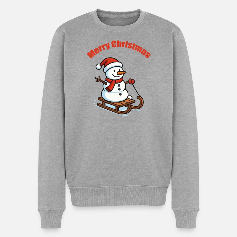 Schneemann Schlitten Winter - Männer Premium Bio Pullover - Grau meliert
