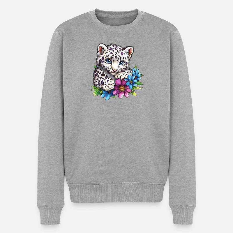 Leopardenkätzchen mit Blumen - Männer Premium Bio Pullover - Grau meliert