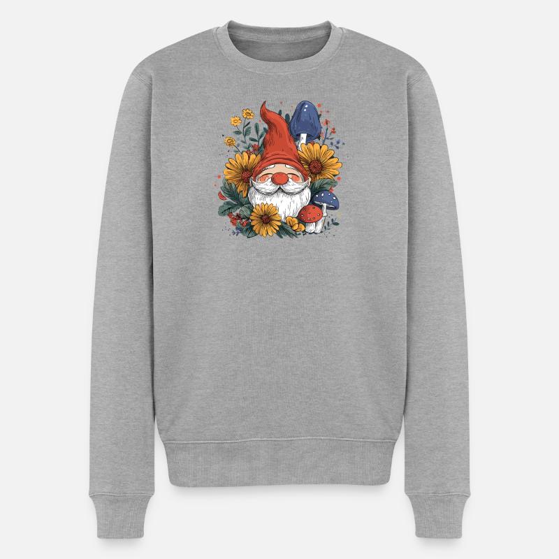 Nordischer Gartenzwerg im Blütenwald - Männer Premium Bio Pullover - Grau meliert