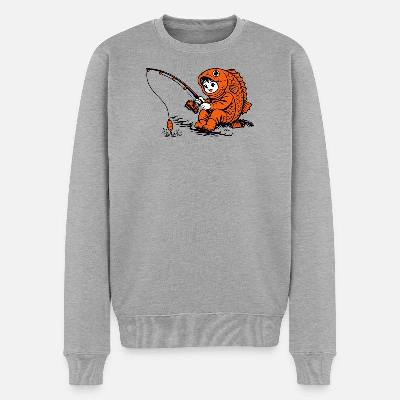 Junge im Fischkostüm angelt - Männer Premium Bio Pullover - Grau meliert