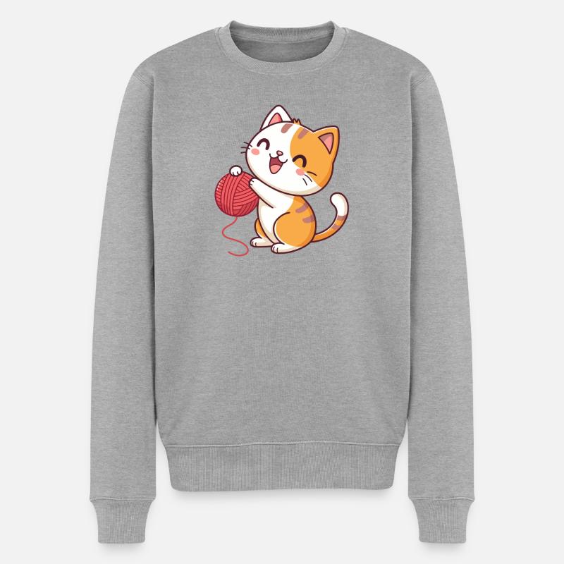 Glückliches Kätzchen und roter Ball - Männer Premium Bio Pullover - Grau meliert