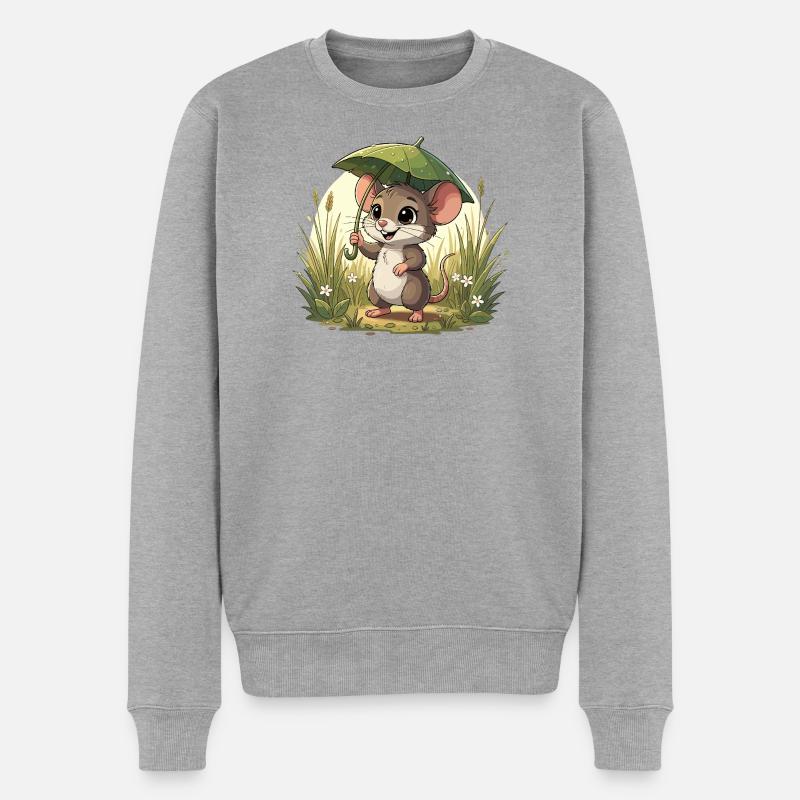 Kleines Mäuschen mit Schirm im Gras - Männer Premium Bio Pullover - Grau meliert