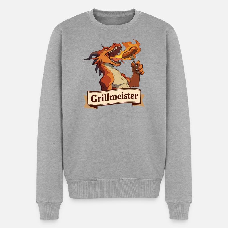 Grillmeister Drache mit Feuerwurst - Männer Premium Bio Pullover - Grau meliert
