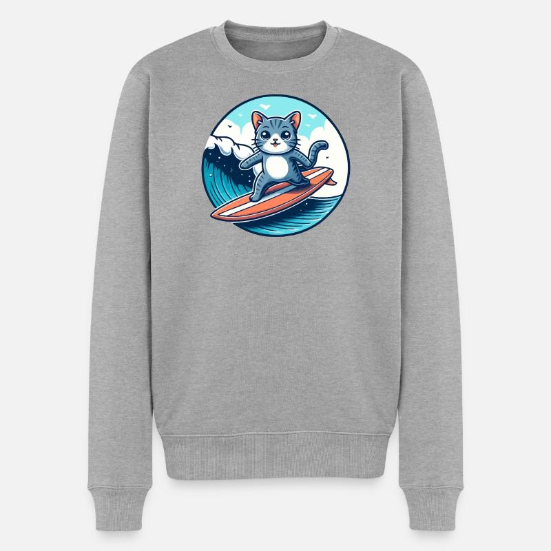 Katzen-Surfer auf der Welle - Männer Premium Bio Pullover - Grau meliert
