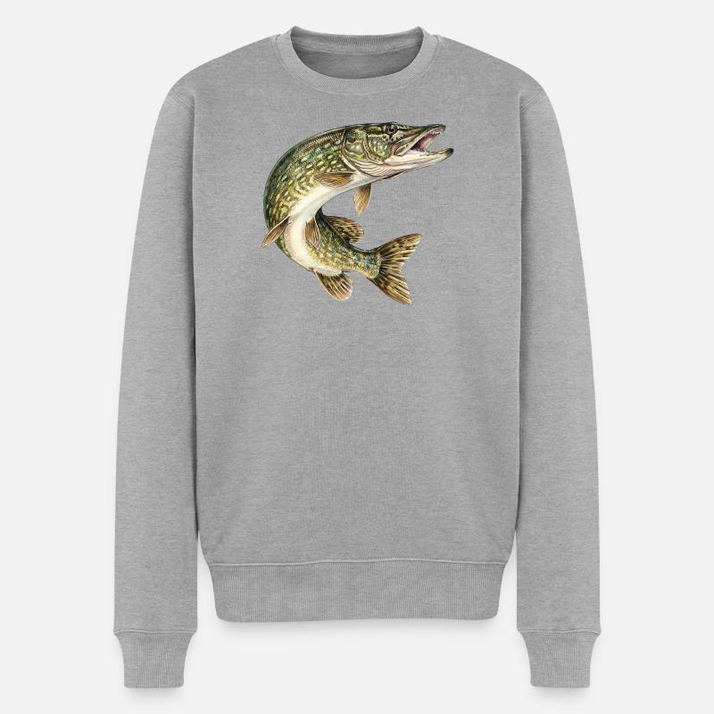 Hecht im Sprung – detaillierte Fischillustration - Männer Premium Bio Pullover - Grau meliert