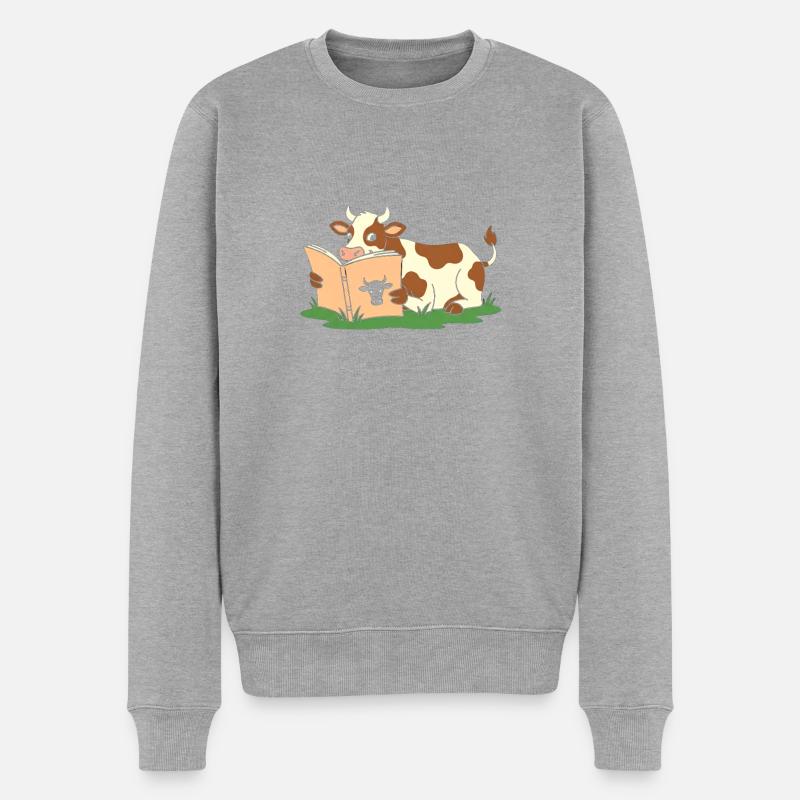 Kuh beim Lesen im Gras - Männer Premium Bio Pullover - Grau meliert