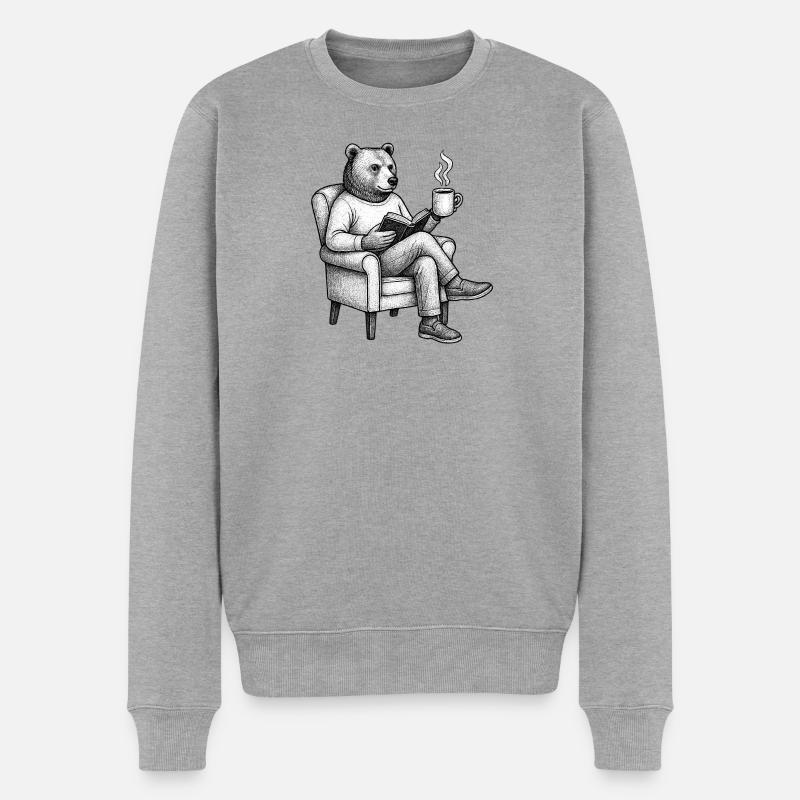 Bärenleser mit Buch und Tasse - Männer Premium Bio Pullover - Grau meliert