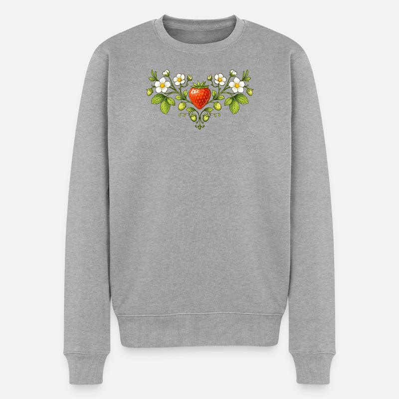 Erdbeer Ornament mit Blüten  - Männer Premium Bio Pullover - Grau meliert