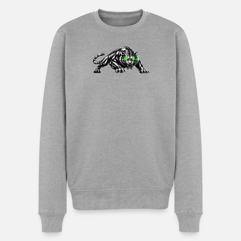 Schwarzer Tiger mit Neonaugen - Männer Premium Bio Pullover - Grau meliert