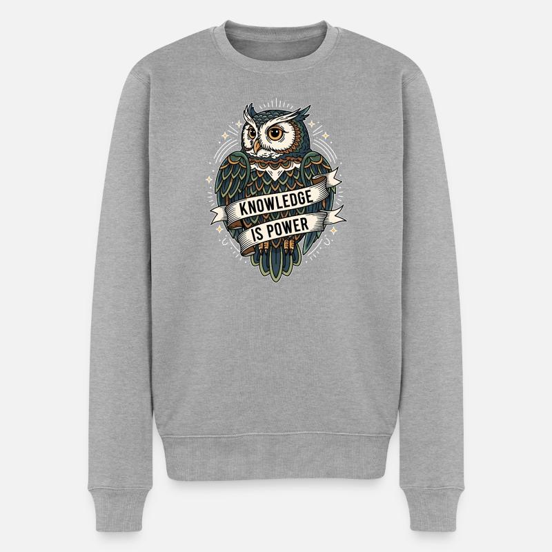 Knowledge Is Power Eule - Männer Premium Bio Pullover - Grau meliert