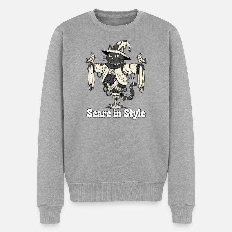 Scare in Style: Halloween-Katze - Männer Premium Bio Pullover - Grau meliert