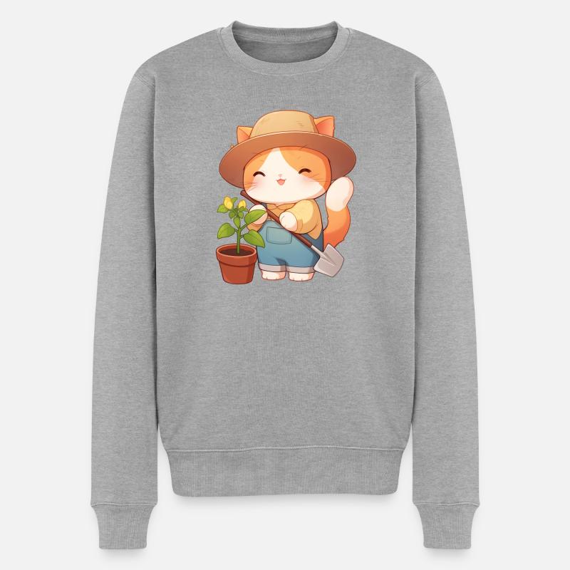 Süße Gärtner Katze – Kawaii Kätzchen im Garten - Männer Premium Bio Pullover - Grau meliert