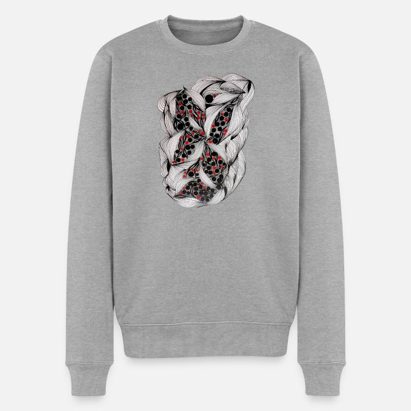 Schwarzweiß Blattmuster mit roten Beeren - Männer Premium Bio Pullover - Grau meliert