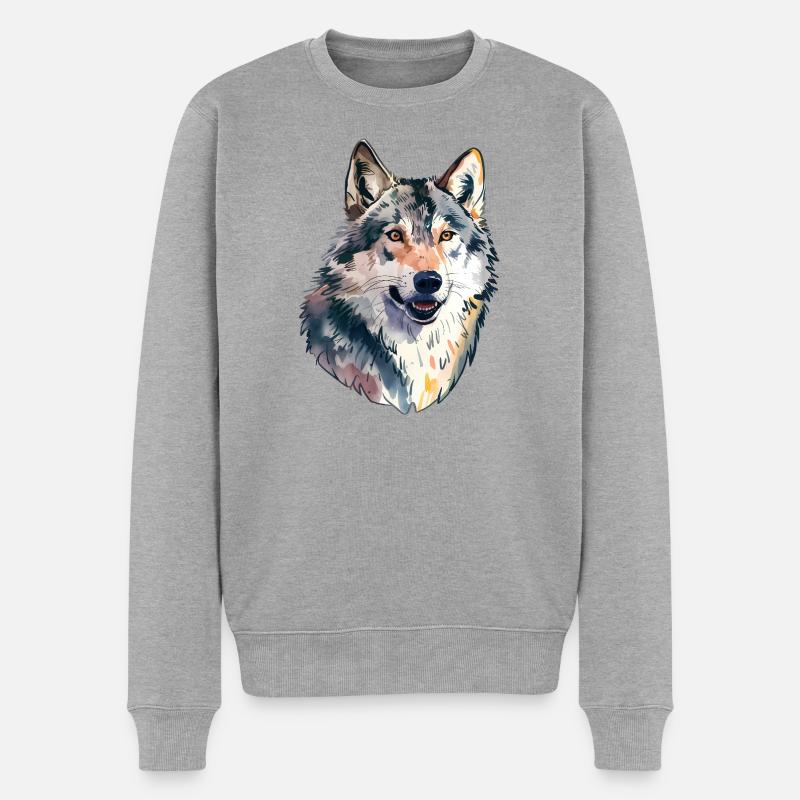 Wolf Portrait Tierliebhaber - Männer Premium Bio Pullover - Grau meliert
