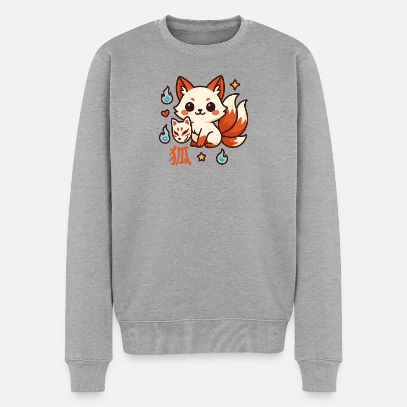 Kitsune Feu Ami Dessin Animé - Pull Premium bio Homme - gris chiné
