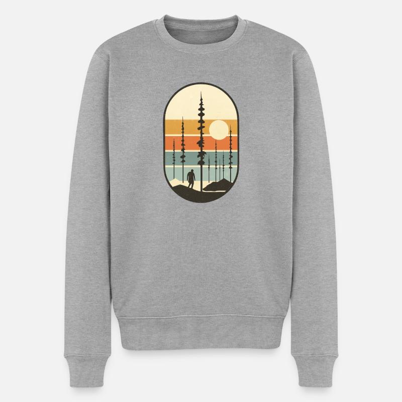 Wanderer im Retrowald Sonnenuntergang geschenkidee - Männer Premium Bio Pullover - Grau meliert