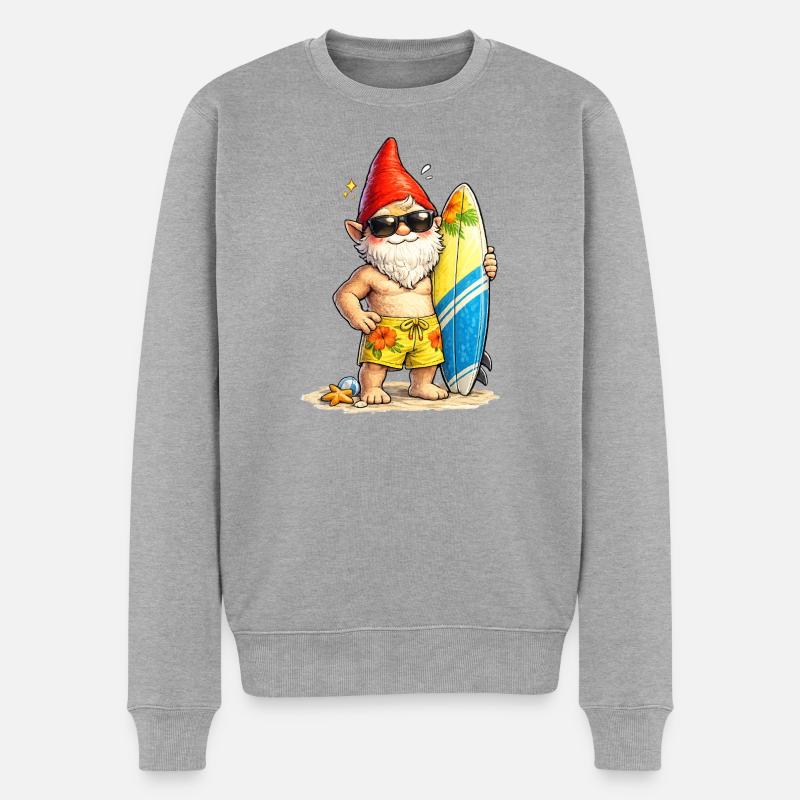 Cooler Gartenzwerg mit Surfbrett   - Männer Premium Bio Pullover - Grau meliert