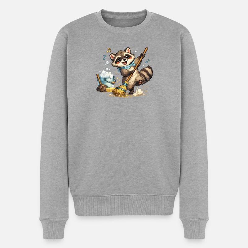 Waschbär mit einem bunten Besen - Männer Premium Bio Pullover - Grau meliert