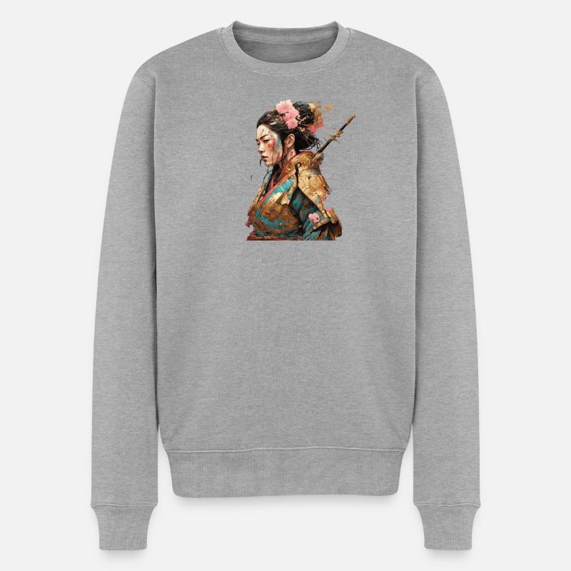 Geisha-Kriegerin mit Kirschblüten - Männer Premium Bio Pullover - Grau meliert