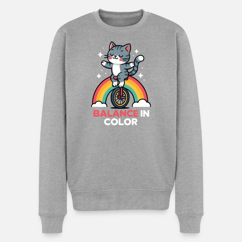 Équilibre du chat sur arc-en-ciel - Pull Premium bio Homme - gris chiné