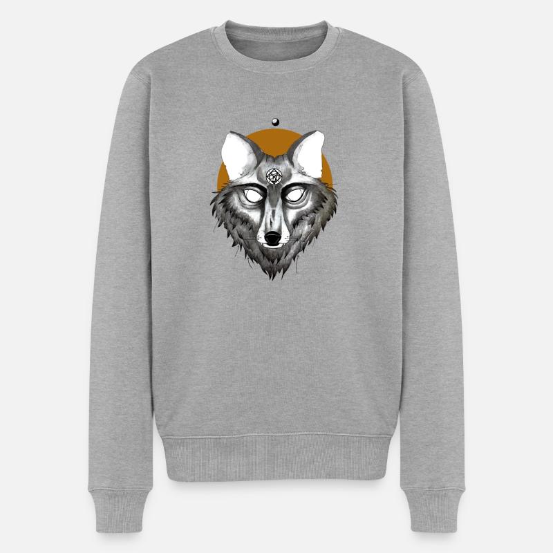Mystischer Wolf mit Pentagramm Blick - Männer Premium Bio Pullover - Grau meliert