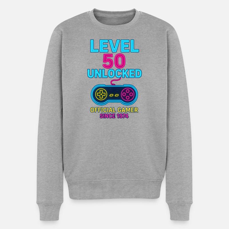 Level 50 Gamer Neon Design - Männer Premium Bio Pullover - Grau meliert
