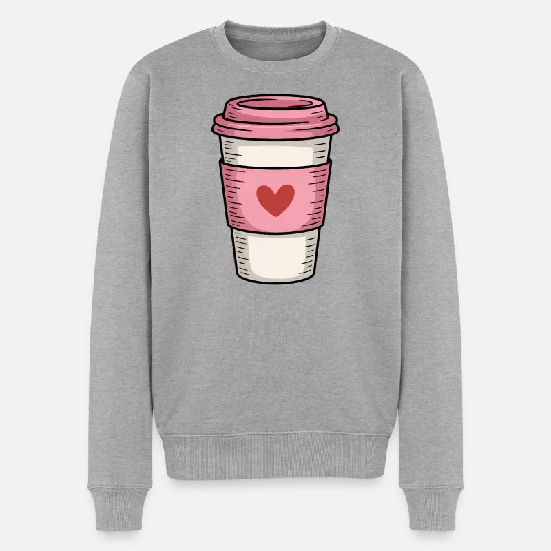 Rosa Kaffeetasse mit Herz - Männer Premium Bio Pullover - Grau meliert