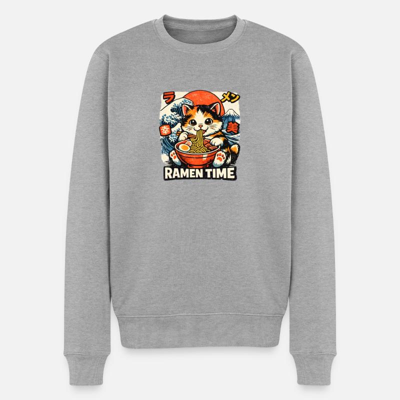 Ramen Katze - Männer Premium Bio Pullover - Grau meliert