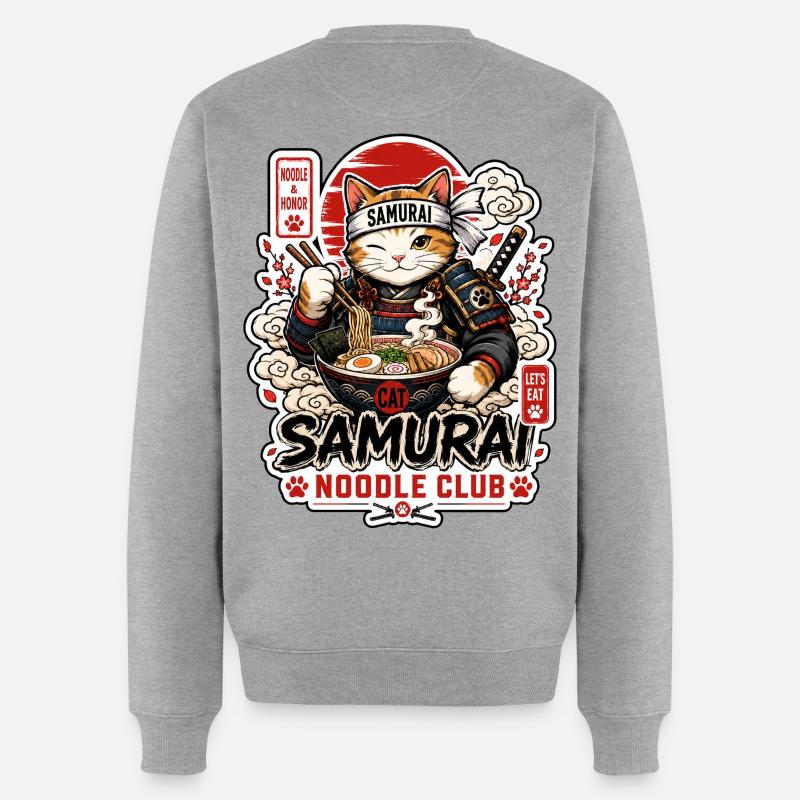 Samurai Cat Noodle Club - Männer Premium Bio Pullover - Grau meliert