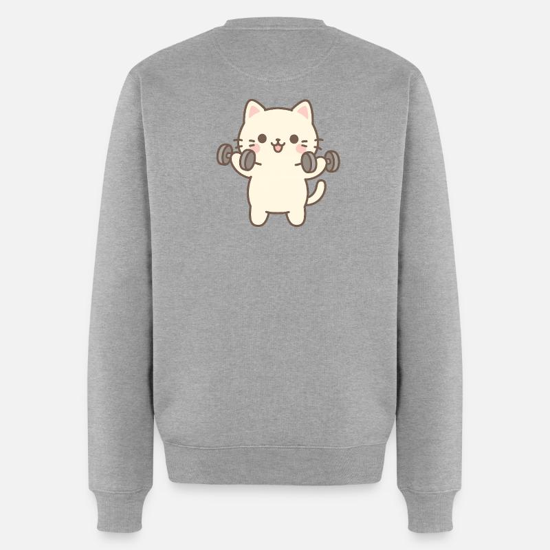 Kätzchen beim Krafttraining - Männer Premium Bio Pullover - Grau meliert