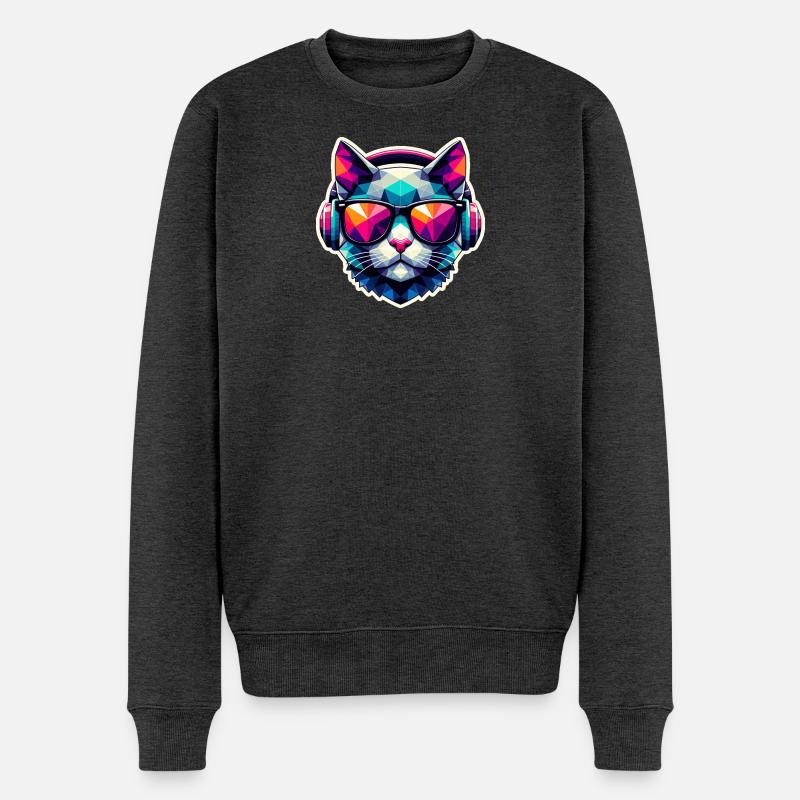 Katze Brille Kopfhörer bunt polygon - Männer Premium Bio Pullover - Anthrazit meliert