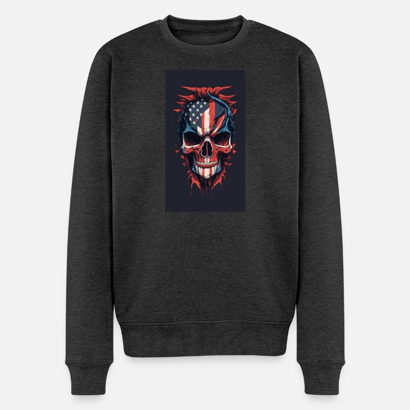 Drapeau américain dessiné face maléfique crâne de mort - Pull Premium bio Homme - anthracite chiné