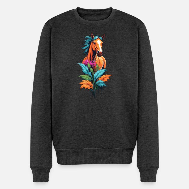 Pferdekopf mit Blumen - Männer Premium Bio Pullover - Anthrazit meliert