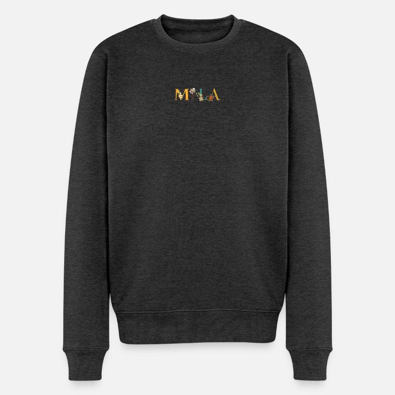 MILA Namenskunst mit gestickten Blumen - Männer Premium Bio Pullover - Anthrazit meliert
