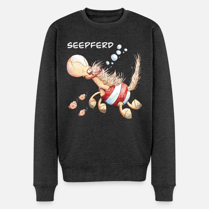 Seepferd I Wortspiel Schwimmer Pferd - Männer Premium Bio Pullover - Anthrazit meliert