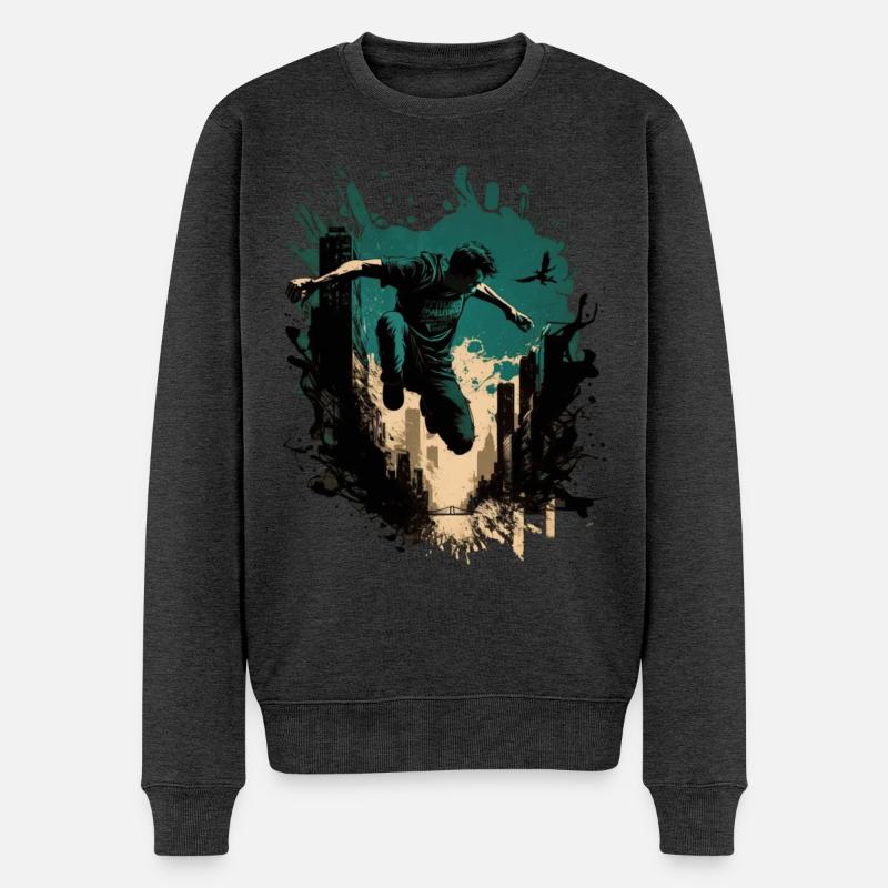 Parkourläufer in der Stadt - Männer Premium Bio Pullover - Anthrazit meliert