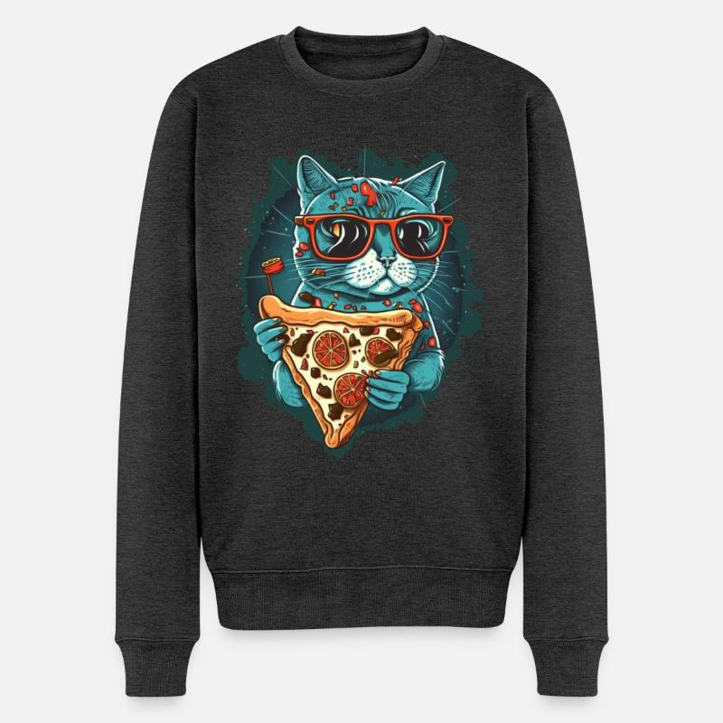 Katze mit Pizzastücken - Männer Premium Bio Pullover - Anthrazit meliert