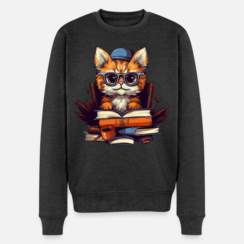 Katze mit vielen Büchern - Männer Premium Bio Pullover - Anthrazit meliert