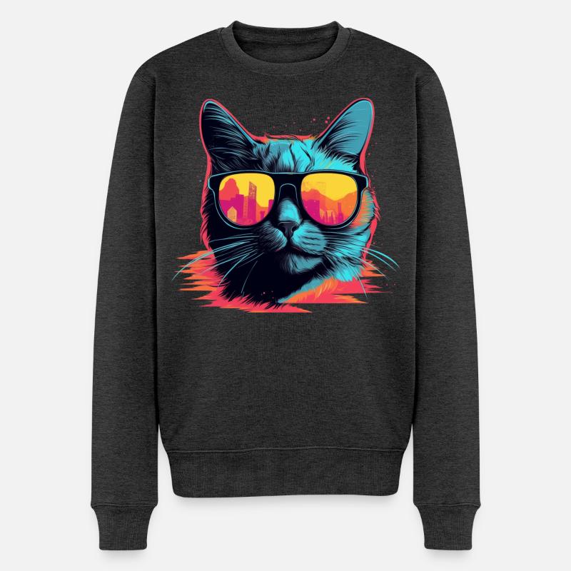 90er Jahre Katze Retrowave - Männer Premium Bio Pullover - Anthrazit meliert