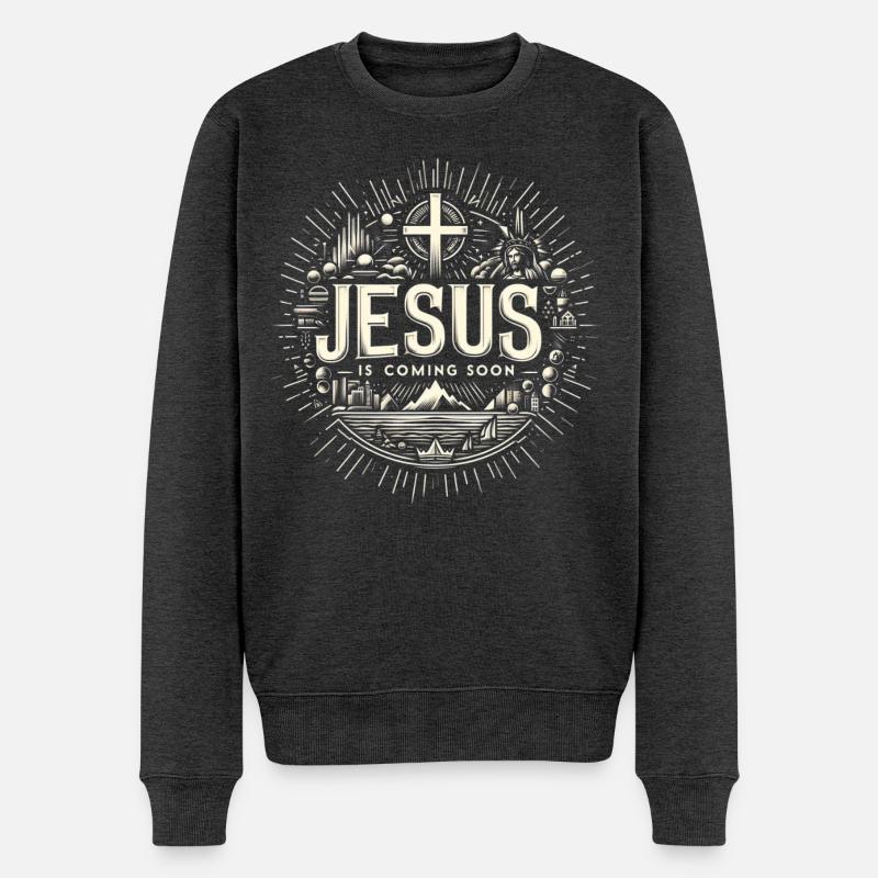 Jesus kommt bald Strahlenkranz - Männer Premium Bio Pullover - Anthrazit meliert