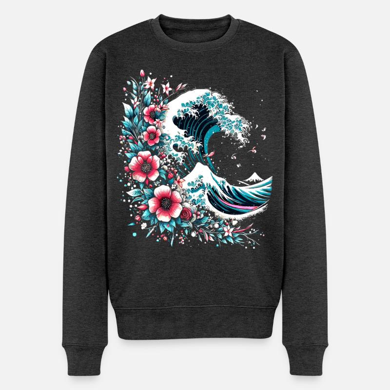 große Welle vor Kanagawa mit Blumen - Männer Premium Bio Pullover - Anthrazit meliert