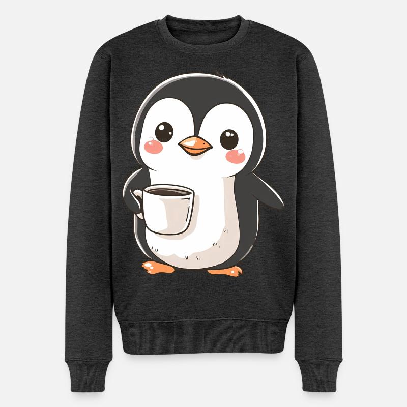 Niedlicher Pinguin mit Kaffeetasse - Entzückendes Design - Männer Premium Bio Pullover - Anthrazit meliert