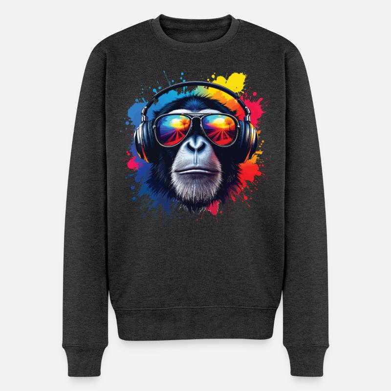 Buntes Affenkopf mit Kopfhörern - Männer Premium Bio Pullover - Anthrazit meliert