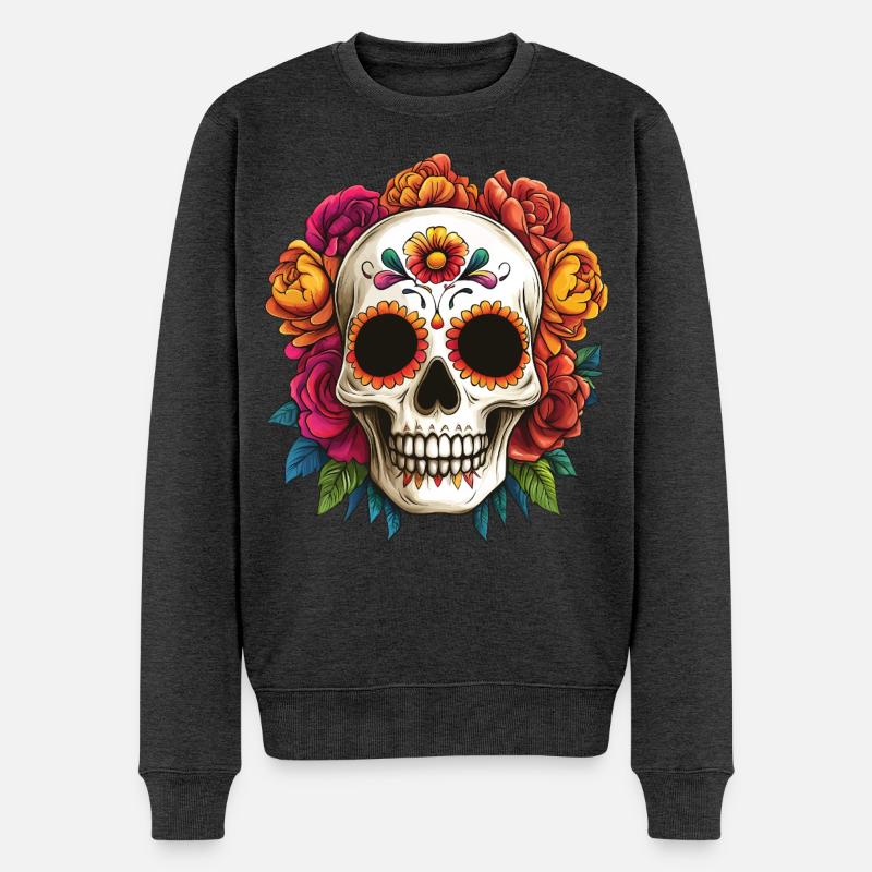 Schädel la Catrina mit Blumen - Männer Premium Bio Pullover - Anthrazit meliert